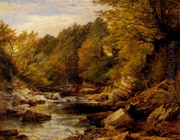 Blick In Ein Gebirgiges Flusstal, Hinter Fels Rechts Ein Angler Oil Painting by John C. Syer