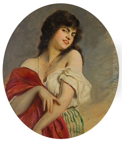 Beautiful Brunette Oil Painting by Boleslaw Von Szankowski