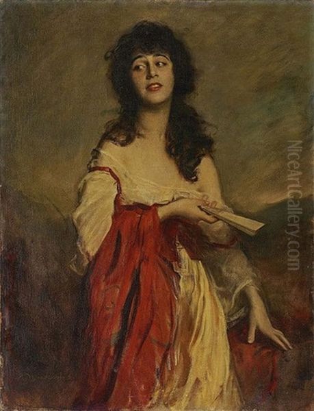 Young Woman With Fan Oil Painting by Boleslaw Von Szankowski