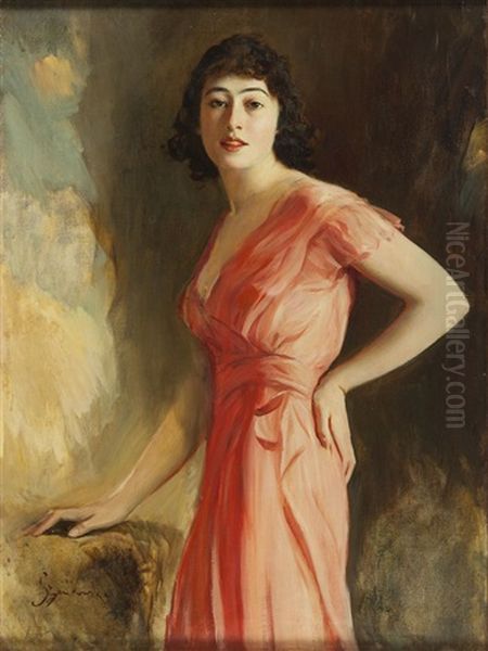 Portrait Of Lady In Red Dress Oil Painting by Boleslaw Von Szankowski