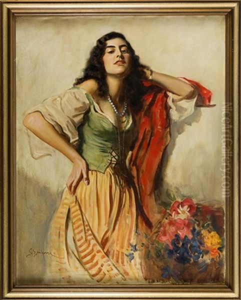 Gypsy Woman With Flowers Oil Painting by Boleslaw Von Szankowski