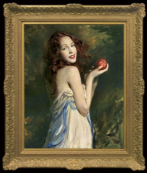 Girl With An Apple Oil Painting by Boleslaw Von Szankowski