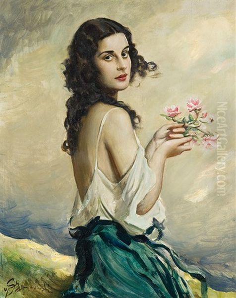 Girl With Flowers Oil Painting by Boleslaw Von Szankowski