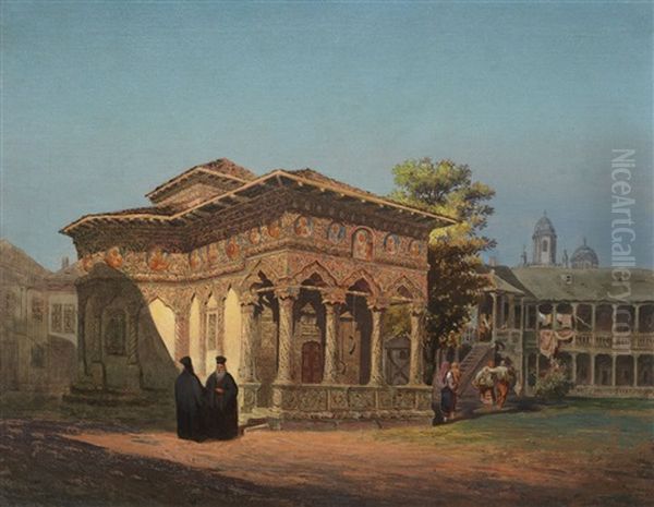 Monks In Front Of The Stavropoleos Monastery, In Light Of The Afternoon Oil Painting by Carol Popp De Szathmari