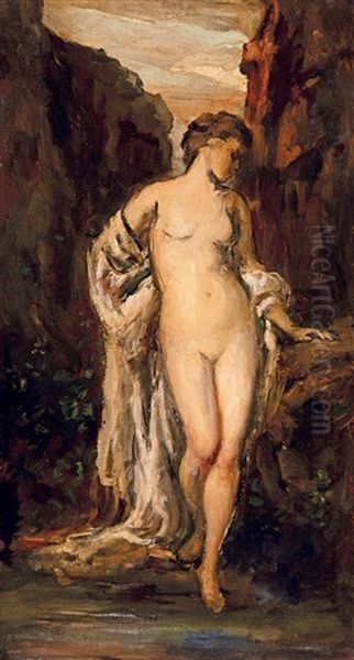 Female Nude With Drapery (by The Spring) Oil Painting by Bertalan Szekely Von Adamos