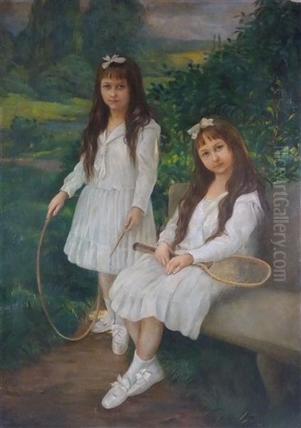 Fillettes A La Raquette De Tennis Et Au Cerceau Oil Painting by Andar Szekely von Doba