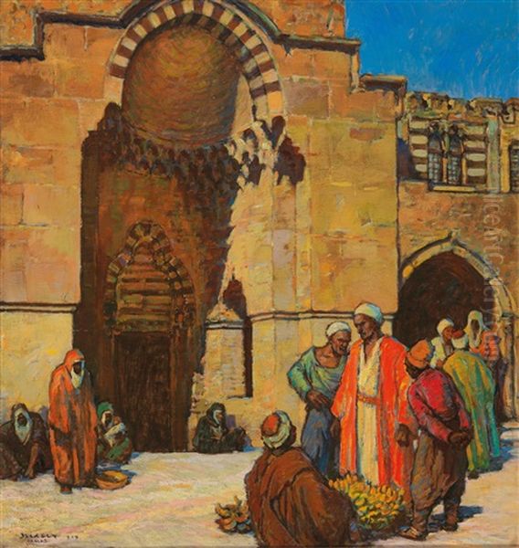 Street Sellers Outside A Mosque In Damascus Oil Painting by Andar Szekely von Doba