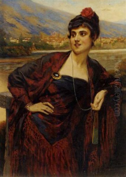 Portrait Of A Lady Standing On A Balcony, A Continental Town Beyond by Fueloep Szenes