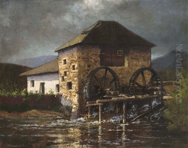 Mill Oil Painting by Jeno Szepesi-Kuszka