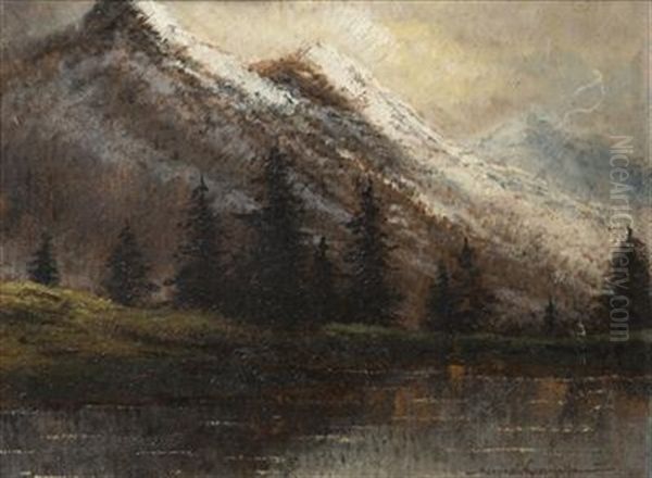 Lake In The Mountains Oil Painting by Jeno Szepesi-Kuszka