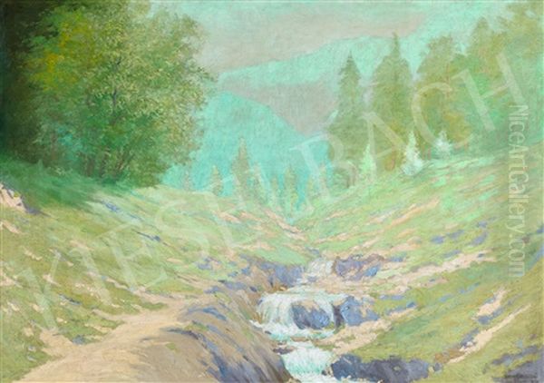 Brook In Spring Oil Painting by Jeno Szepesi-Kuszka