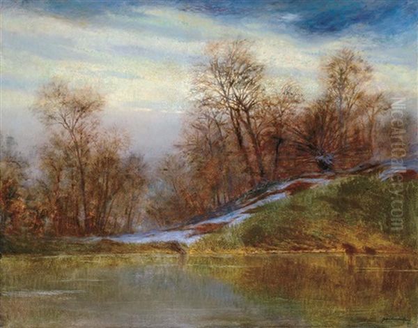 Snowy Riverside Oil Painting by Jeno Szepesi-Kuszka