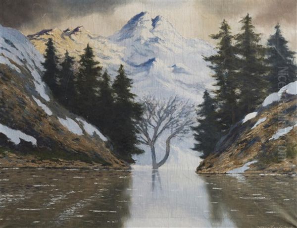 Lake In The Mountains Oil Painting by Jeno Szepesi-Kuszka