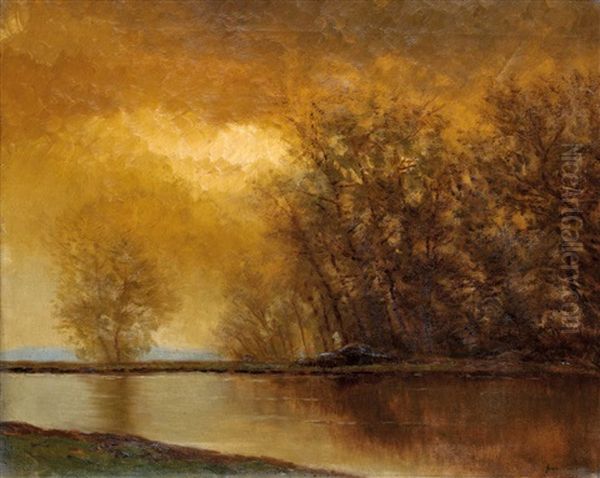 Riverbank At Sunset Oil Painting by Jeno Szepesi-Kuszka