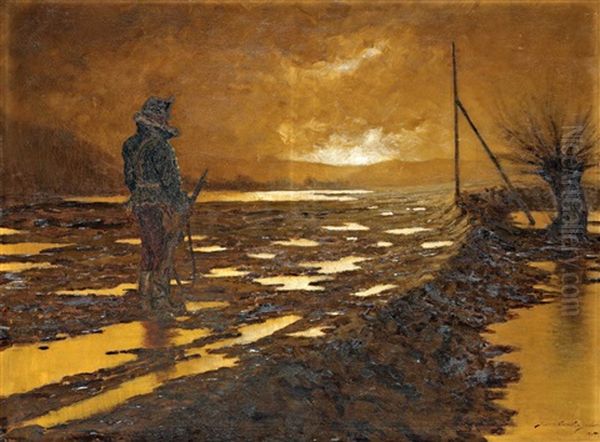 Soldier In The Sunset Oil Painting by Jeno Szepesi-Kuszka