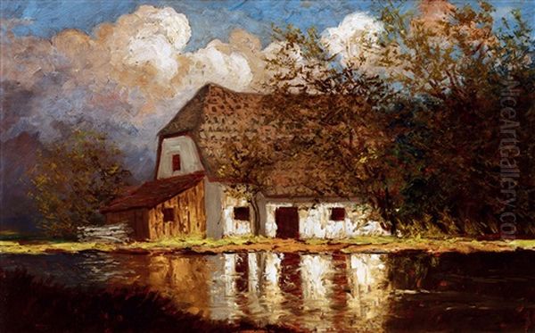 Autumn Landscape With House Oil Painting by Jeno Szepesi-Kuszka