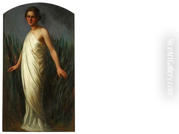 A Woman In Classical Dress Walking In Long Grass Oil Painting by Joseph Szermentovski