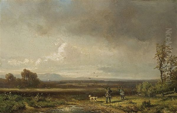 Landscape Of Hunters Hunting For Birds Oil Painting by Josef Szermentowski