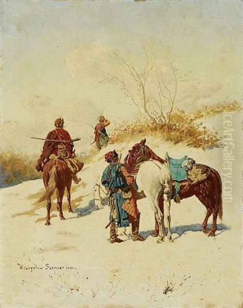 Cossack Riders And Snow Oil Painting by Wladislaw Karol Szerner