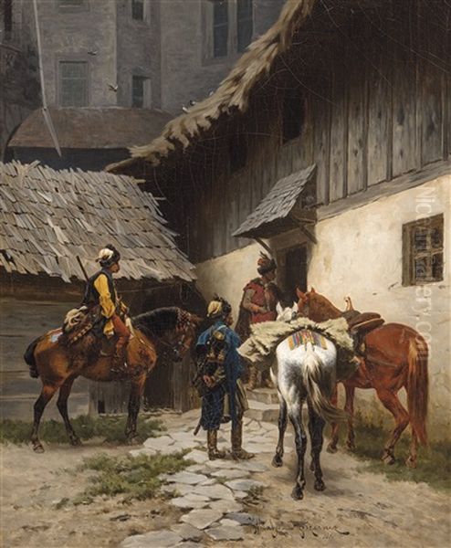 Arrival Of Three Polish Riders (1880) Oil Painting by Wladislaw Karol Szerner