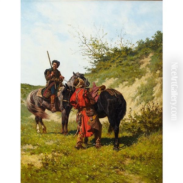 Cossack Horsemen Meeting On Route Oil Painting by Wladislaw Karol Szerner