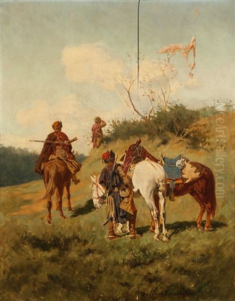 Cossacks On A Lookout With Horses Oil Painting by Wladislaw Karol Szerner