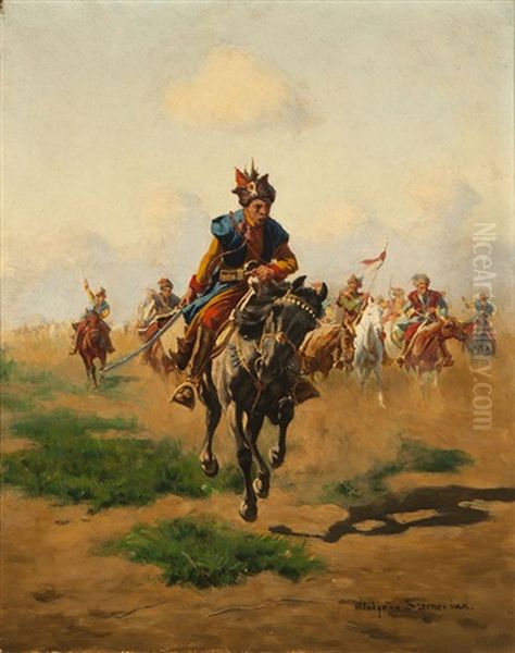 The Charge, A Cossack On Horseback Oil Painting by Wladislaw Karol Szerner