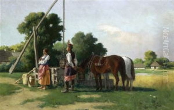 Bauernpaar Am Ziehbrunnen Oil Painting by Wladislaw Karol Szerner