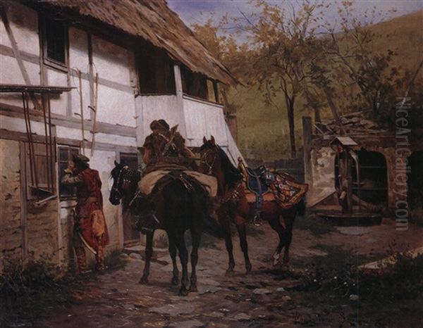 Reiter Vor Dorfschanke Oil Painting by Wladyslaw Szerner