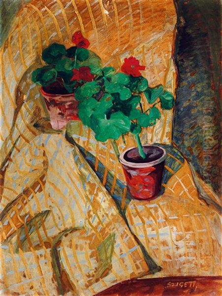 Still-life With Pelargonium Oil Painting by Jenoe Szigeti