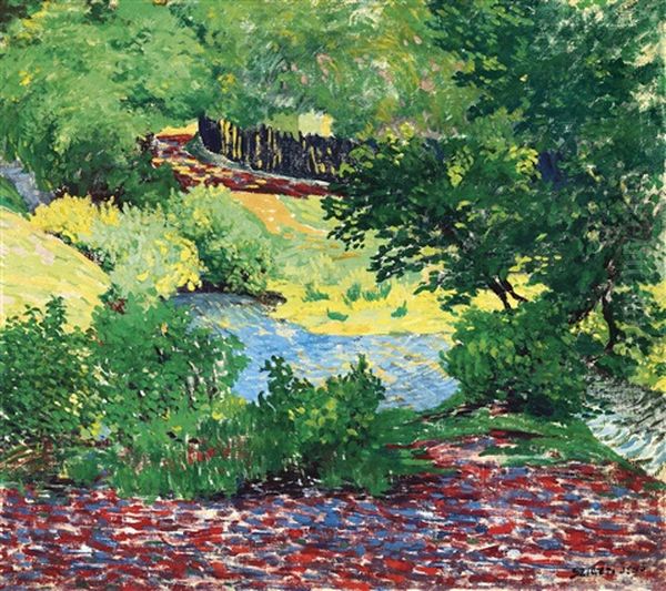 Sunlit Brook Side In Nagybanya Oil Painting by Jenoe Szigeti