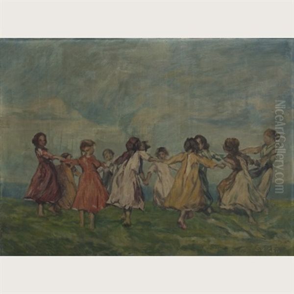 Young Girls Dancing In A Field Oil Painting by Jenoe Szigeti