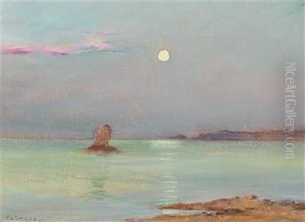 Moon Rising Over The Sea Oil Painting by Ferenc (Francois) Szikszay