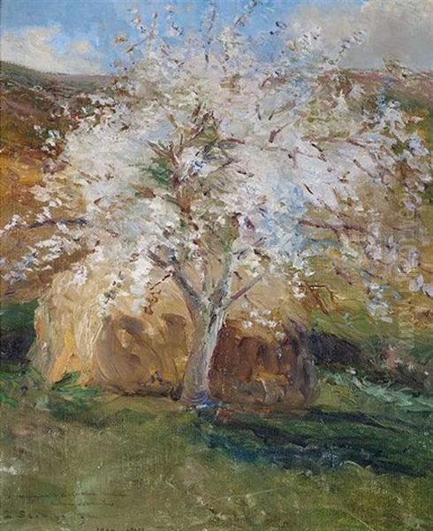 Bluhender Baum In Fruhlingslandschaft Oil Painting by Ferenc (Francois) Szikszay