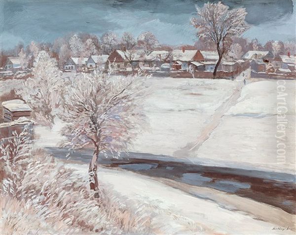 Szolnok Brook-side In Winter Oil Painting by Lajos Szlanyi