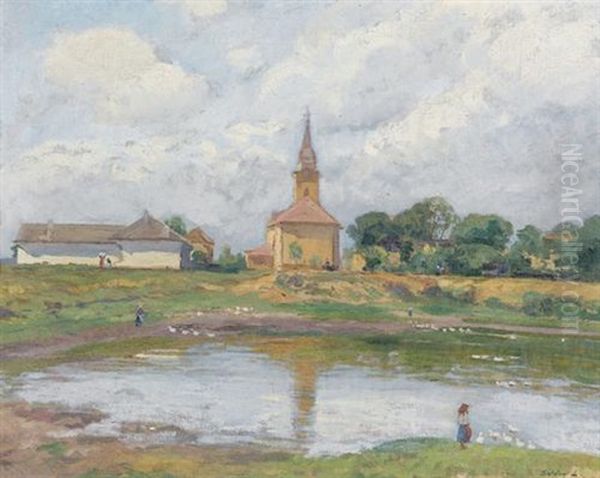 Teichpartie Mit Blick Auf Ein Dorf Oil Painting by Lajos Szlanyi