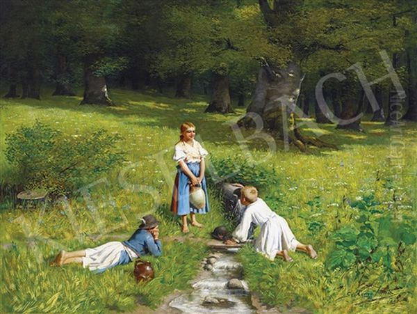 At The Forest (children At The Spring) Oil Painting by Mihaly Szobonya