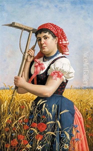 Girl With A Rake Oil Painting by Mihaly Szobonya