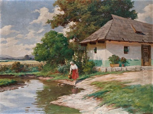 Korsos Lany A Patakparton Oil Painting by Tibor Szontagh