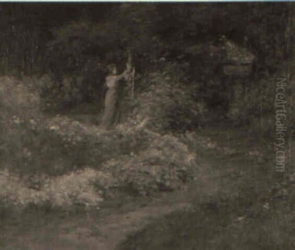 Woman Picking Flowers In Rural Garden Oil Painting by Tibor Szontagh