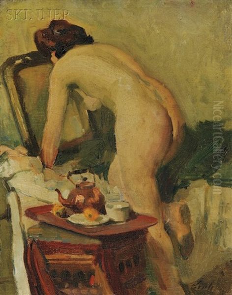 Portrait Of Nude At Her Vanity And Portrait Of A Peasant Woman (2 Works) Oil Painting by Peter Szuele