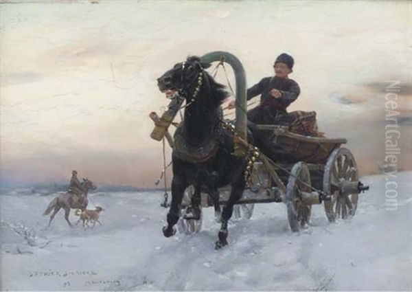 A Trader In A Horse And Cart In The Snow Oil Painting by Stanislaw Ksawery Szykier