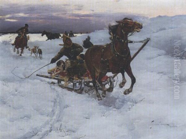 Winterliche Schlittenfahrt Oil Painting by Stanislaw Ksawery Szykier