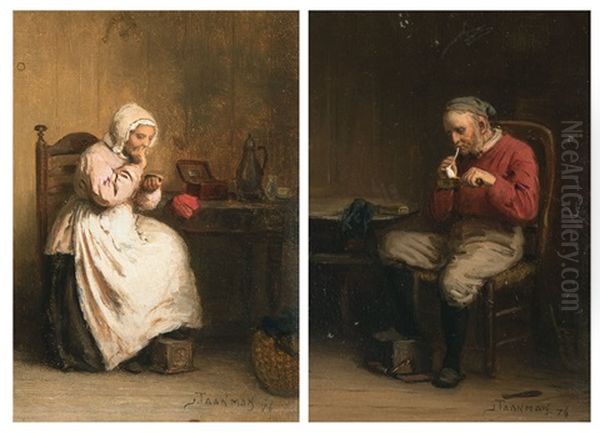 Woman Taking Snuff - The Pipe Smoker (1876) Oil Painting by Jacob Taanmann