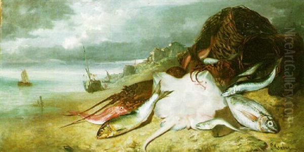 Fish By The Shore Oil Painting by Francois Germain Leopold Tabar(t)