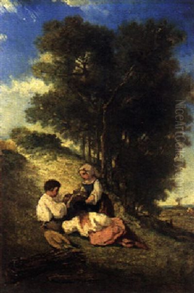 Drei Kinder Mit Vogelkafig Am Hang Oil Painting by Francois Germain Leopold Tabar(t)