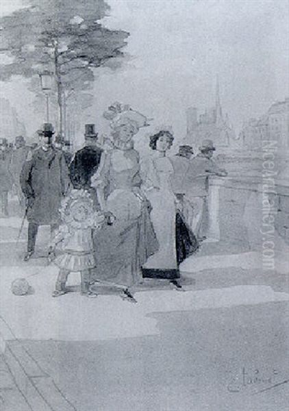 Ladies Strolling On A Quay Along The Seine Oil Painting by Emile Tabouret