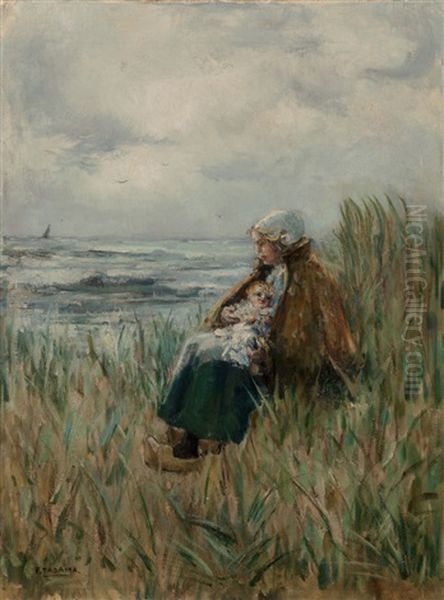 Woman With Her Child By The Sea Oil Painting by F(okko) Tadama