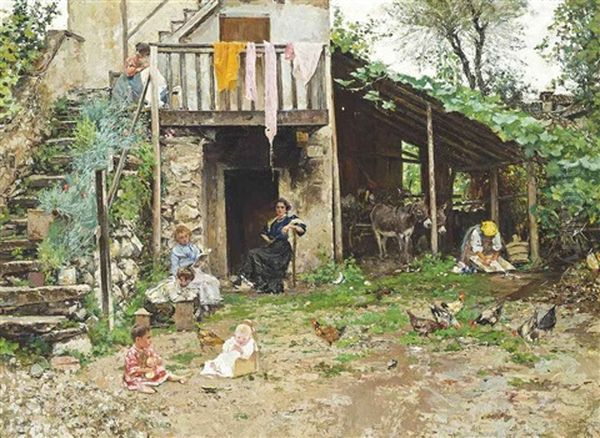 Family In The Farmyard Oil Painting by Raffaele Tafuri