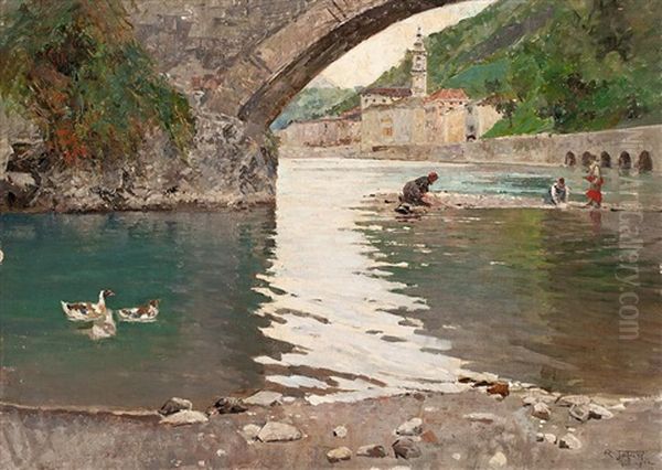 Lavanderas Bajo Un Puente Oil Painting by Raffaele Tafuri